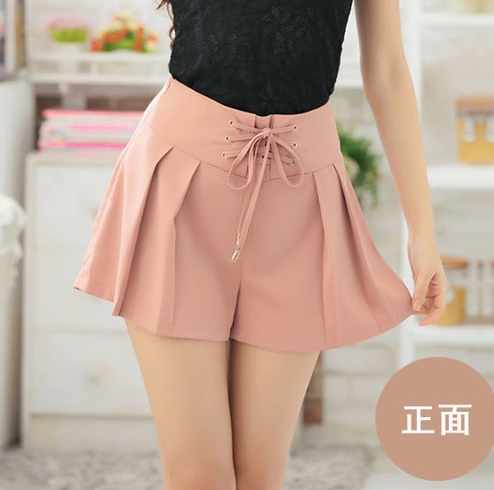 Free shipping women short pants big size 2013 fashion summer pleated blue ribbon bow knot  pink black S M L -XXXL