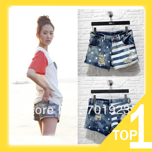 Free Shipping Women Shorts Jeans Pants Fashion Stars Stripe  Flag Wornout Hole  Wash Denim Shorts Classic Y7080
