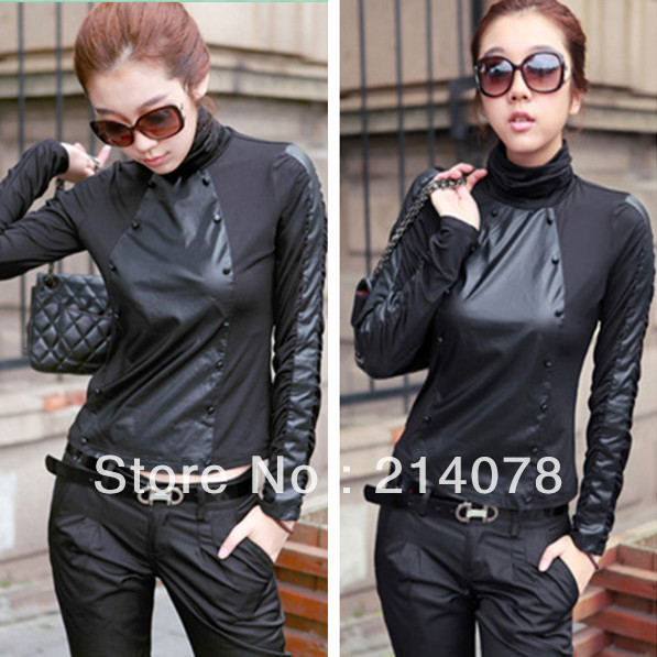 free shipping women slim black leather female turtleneck basic shirt female fashion patchwork pullover / streetwear