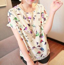Free Shipping Women Summer Short Sleeves Bird Print Chiffon Blouse Tops Ladies' Fashion Brand Casual Loose Shirts