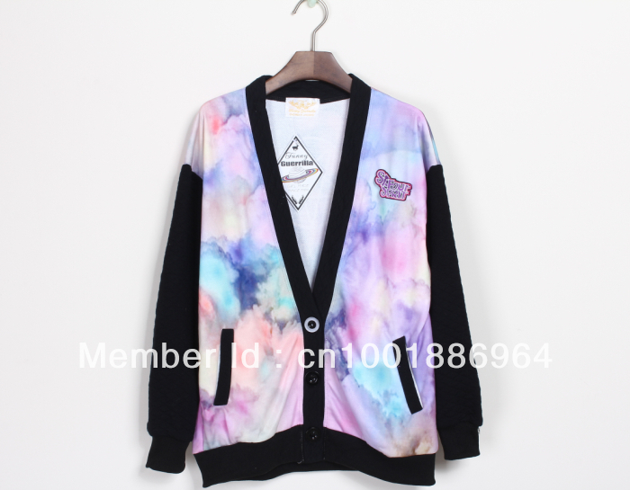 Free shipping!women thickening fashion galaxy starry sky tie-dyeing baseball embroidery letter cardigan outerwear sweatshirt