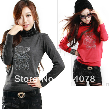 free shipping women turtleneck rhinestones decoration loose animal printed sweet sweater / elastic knitwear / basic T-shirt