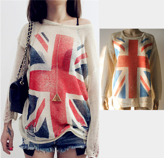 Free shipping Women Union Jack National Flag Distressed Frayed Jumper Hole Knitwear Sweater Pullover Loose SW03