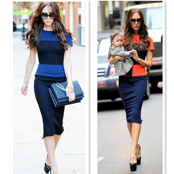Free shipping WOMEN VICTORIA CREW NECK COLOR BLOCK SHORT SLEEVE SLIT BACL BODYCON DRESS WITH BACK ZIPPER
