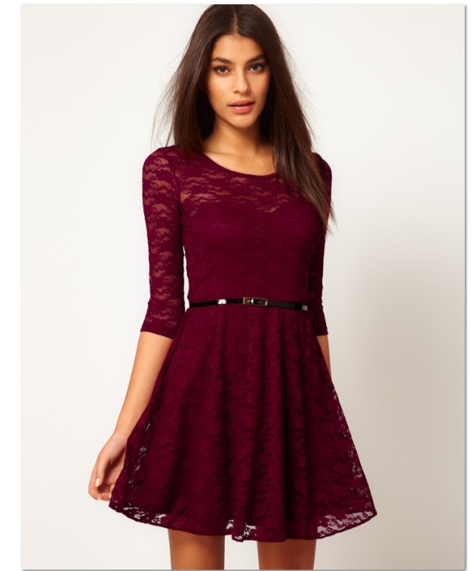 Free Shipping Women Vintage Lace Half Sleeve Pleated Mini Dress,All-Match Sexy Slim Sexy&Club Dress
