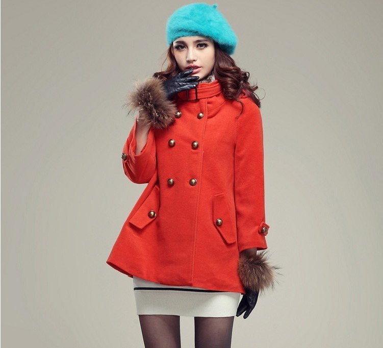 Free Shipping women winter wool coat 2012 new fashion double breasted warm outerwear jacket korean style trench with fur collar
