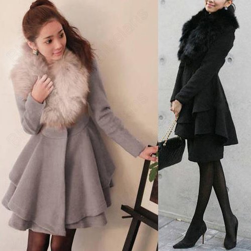 Free Shipping Women Wool Coat Fur Collar Slim Parka Jacket Lotus Leaf Hemline Grey and Black