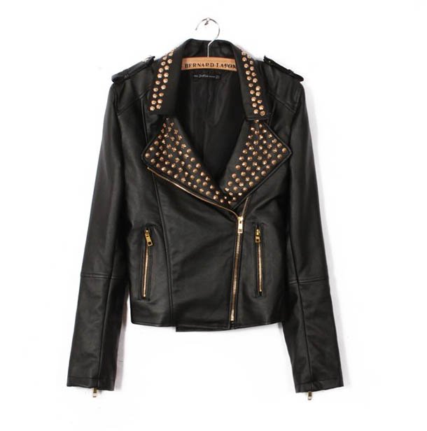 free shipping womens brand pu leather good Quality black color long v-neck studded coat jacket,ladies jacket