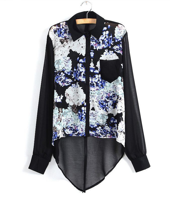 Free Shipping Womens' Classic Chic Lapel Patchwork Long Sleeve Chiffon Shirt  516