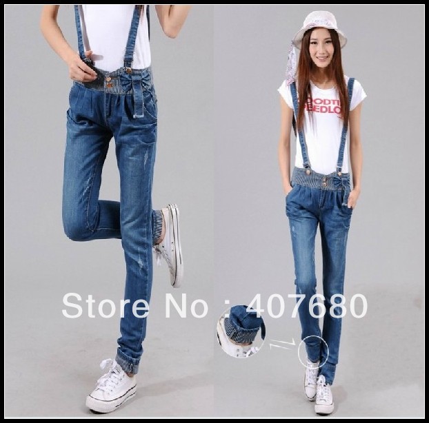 Free Shipping Womens fashion casual denim Jumpsuits harem pants bow decorate