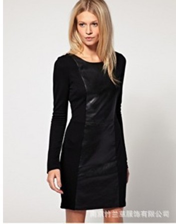 free shipping womens fashion PU leather patchwork dress short brief o-neck long sleeve dress for women black