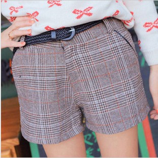 Free Shipping womens fashion shirts spring and autumn casual plaid shorts ladies short pant(with belt) 2 colors