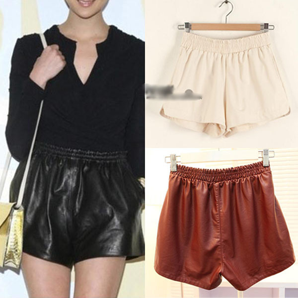 Free Shipping Womens Ladies Sexy Elastic Waist Faux Leather Shiny Hot Mini Shorts Pants  3Colour Qmq