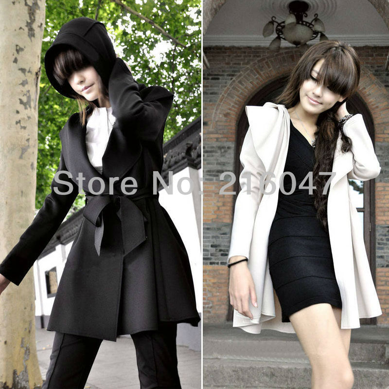 Free Shipping Womens No Button Hooded Coat Jacket Outerwear Dress Style Top With Belt WF-0051