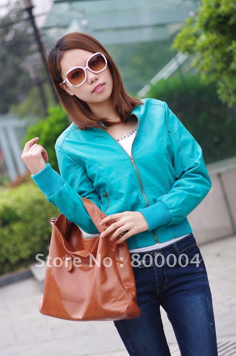 Free shipping womens pu black fit slim jacket synthetic leather jacket coat