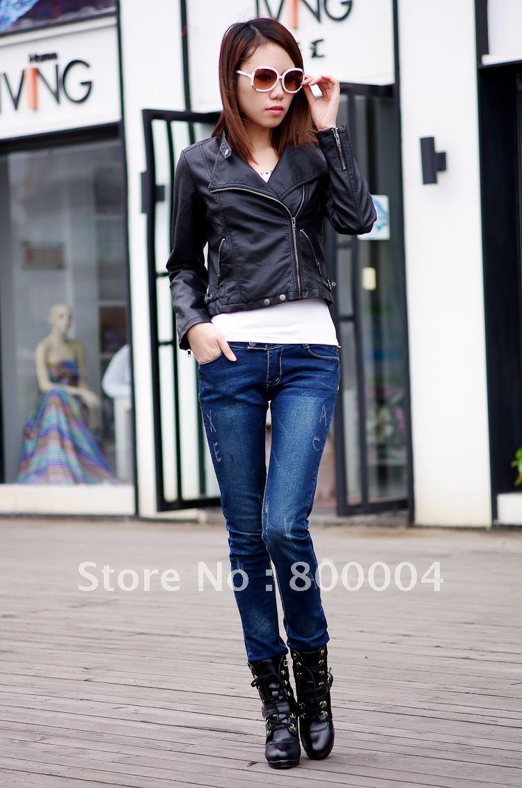 Free shipping womens pu black Motorcycle jacket synthetic leather jacket coat