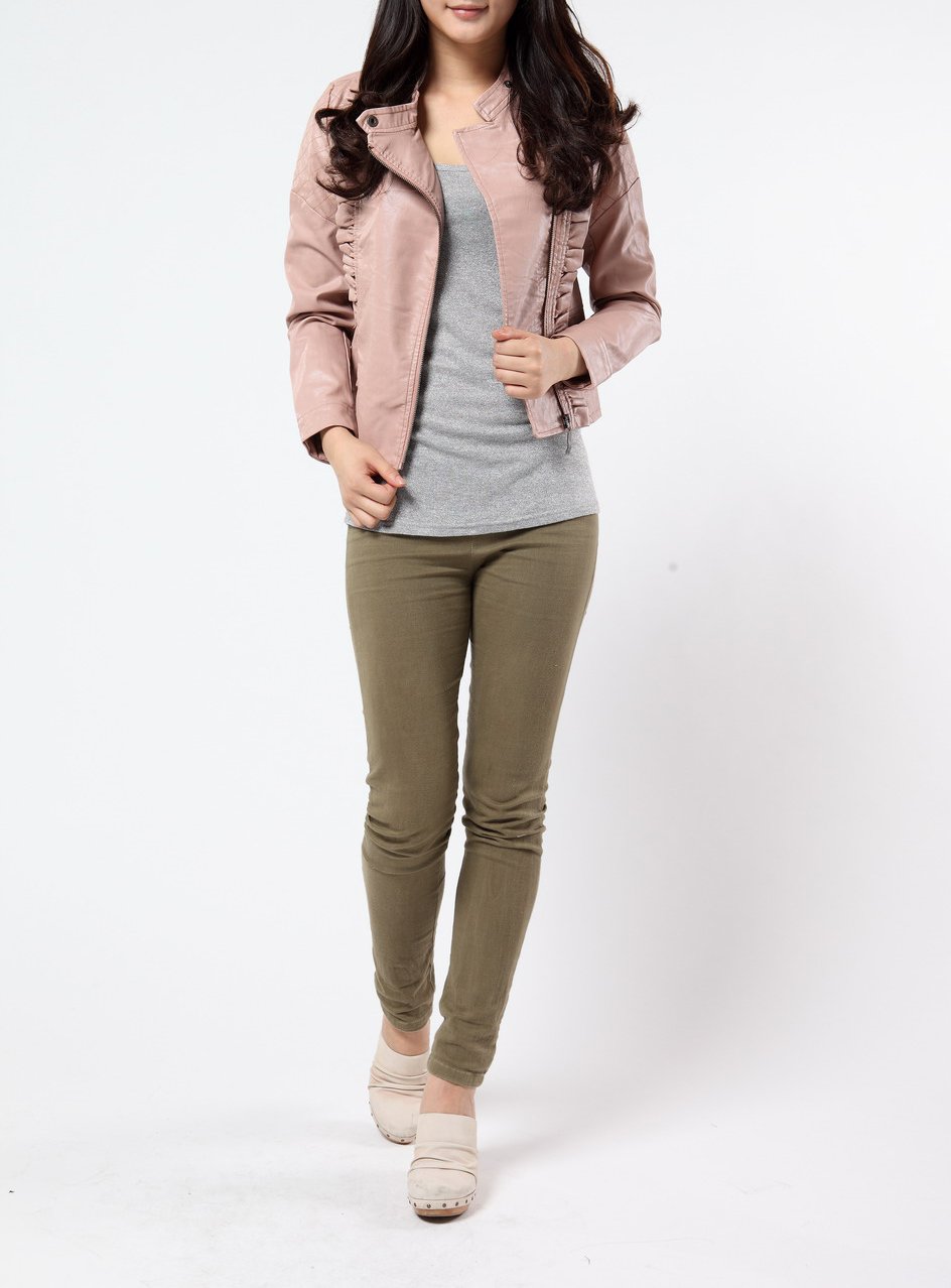 Free shipping womens pu camel casual jacket synthetic leather jacket coat