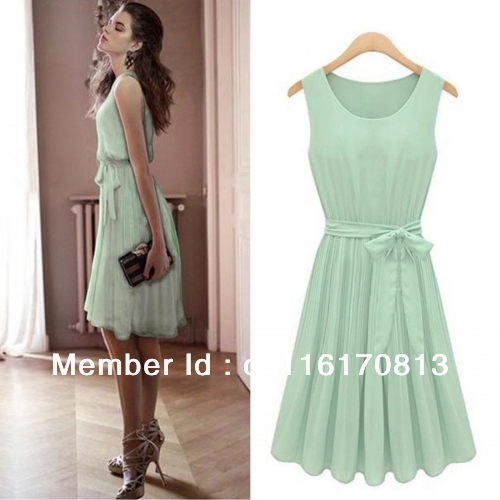 Free Shipping Womens Sleeveless Mint Green Pleated Chiffon Casual Party Lolita Tank Vest Dress With belt US size S M L XL XXL