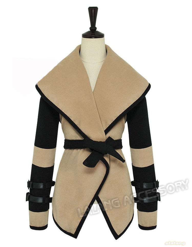 Free Shipping Womens Winter Khaki Turn-down Collar Large Lapel Belted Jacket Coat  Fashion Patchwork Design Trench Coat  650445