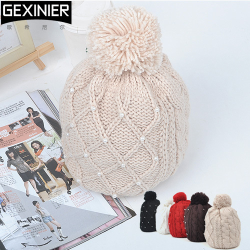 Free shipping!Womes fashion warm hat cap!Knitted hat female autumn and winter pearl knitted hat women's winter casual cap