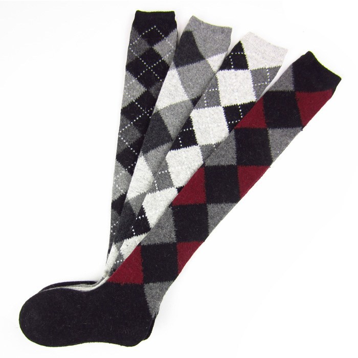 Free shipping wool stockings black dimond plaid over-the-knee socks