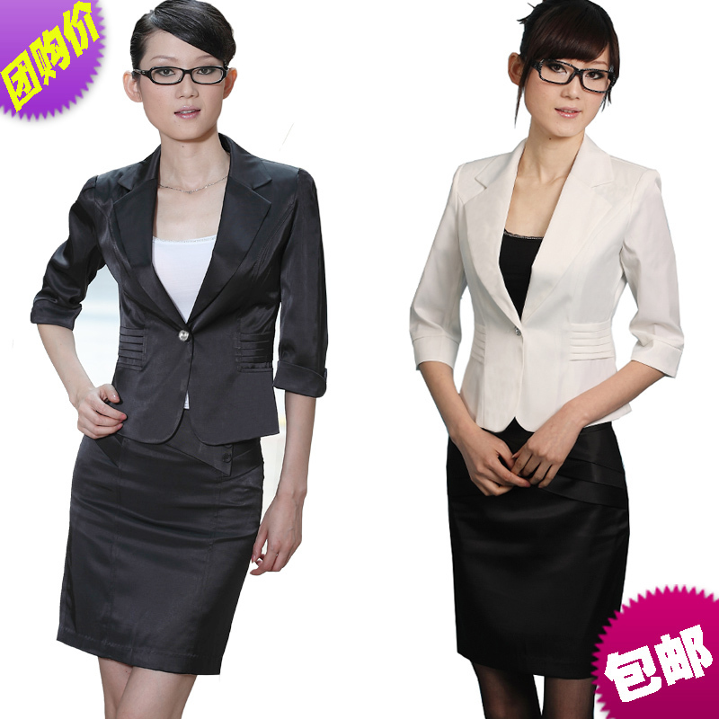 Free shipping Work wear skirt professional set slim black blazer coat white
