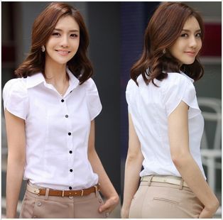 Free shipping  work wear work wear ruffled pleated sleeve white 100% cotton blouses