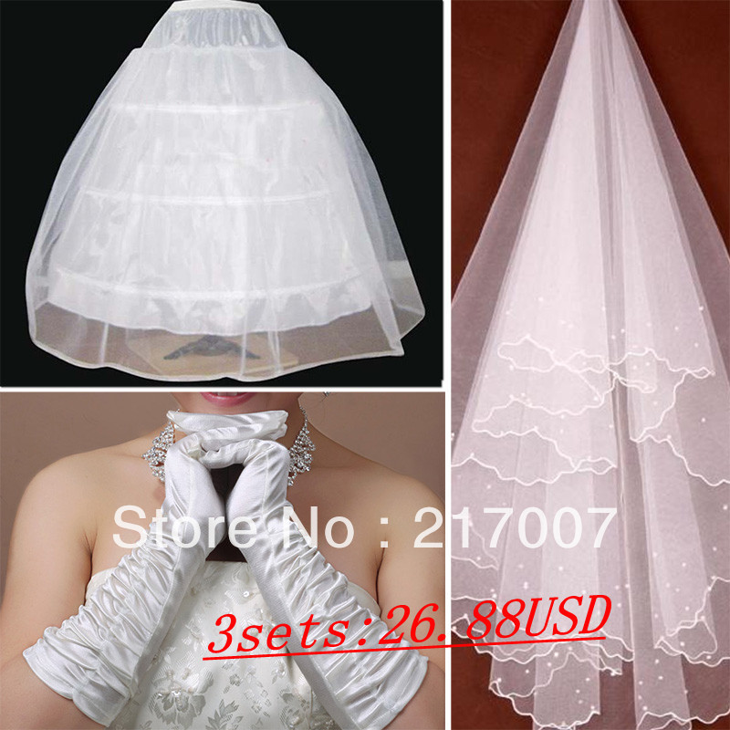 Free Shipping Worth Form Gown Evening Party Bridal Items 3sets Veil with beaded + Silk Gloves +3 rims Petticoat