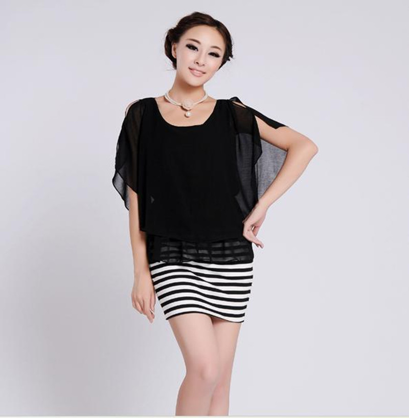 free shipping Xiaxin Women strapless chiffon loose short-sleeve shirt solid color t-shirt top chiffon shirt