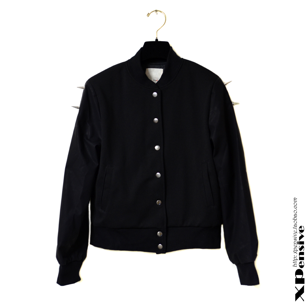 Free shipping Xpensive punk rivet decoration faux leather black high waist baseball jacket outerwear