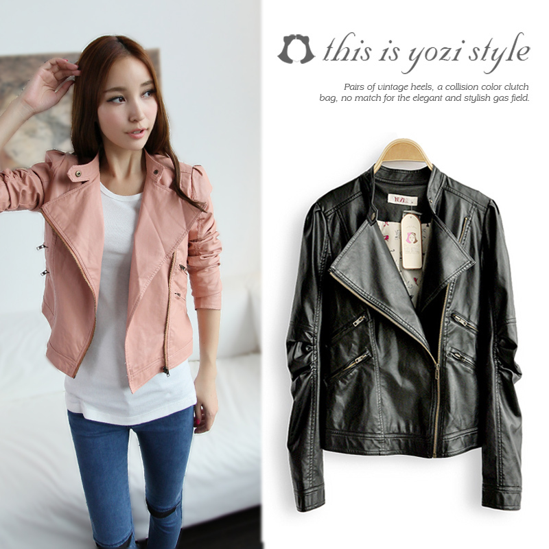 Free shipping Yozi 2012 autumn new arrival women's stand collar zipper decoration short design leather clothing zb386