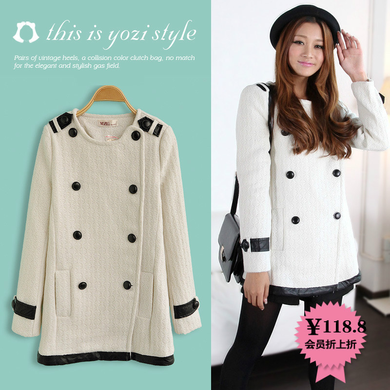 Free shipping Yozi 2013 spring new arrival medium-long woolen overcoat leather mosaic woolen outerwear zc184