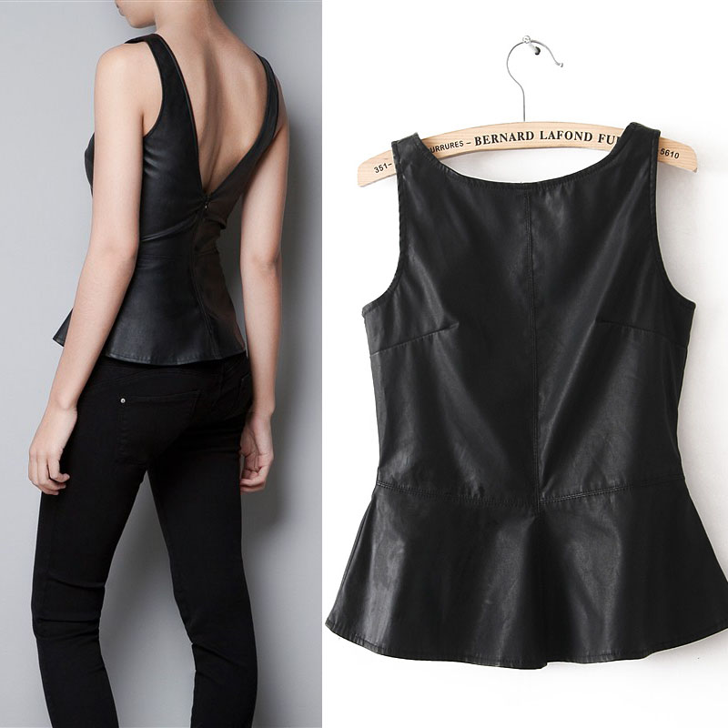 Free shipping Za 2012 autumn faux leather PU ruffle slim decoration top vest female