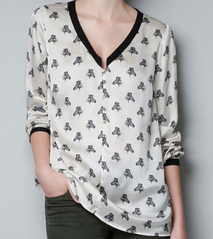 Free shipping Za ivory print V-neck women's shirt patchwork color block gold button chiffon shirt