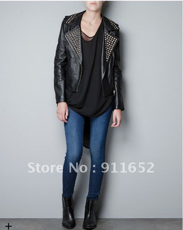 Free Shipping ZAR@ 2013  Fashion Rivet Epaulette Oblique Zipper Leather Coat