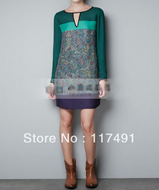 free shipping zar* 2013 new woman printed mixed colors emerald OL classic dress/base dress stitching Special nice collar ft151