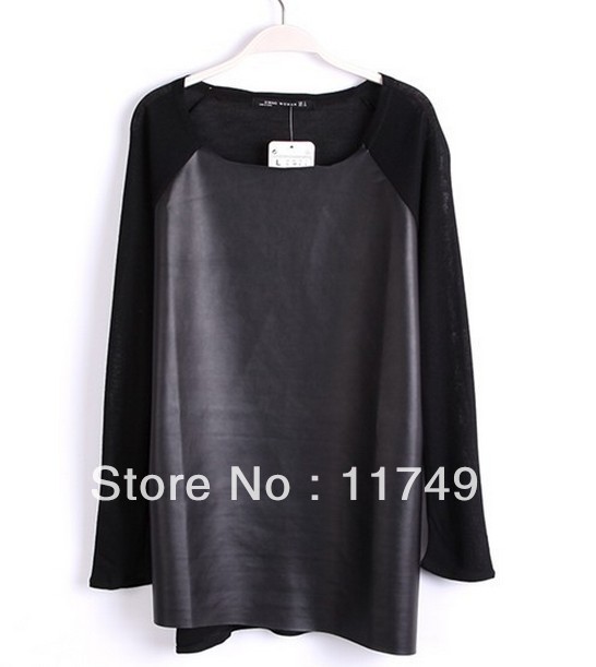 free shipping zar* 2013 Round neck long-sleeved loose Splice PU leather h*m sweaters/Knitting tee shirt Multicolor casual ft111
