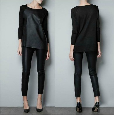 free shipping zar* 2013 Round neck long-sleeved loose Splice PU leather h*m sweaters/Knitting tee shirt Multicolor casual FZ045