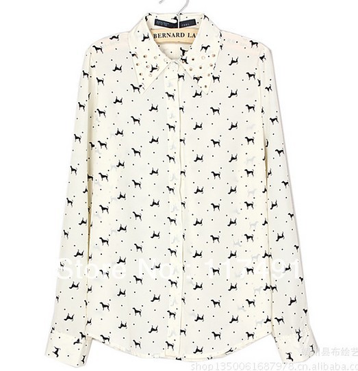 free shipping zar* 2013 spring fashion Cute puppy print dot the rivets collar chiffon shirt long-sleeved OL blouse Elegant ft094