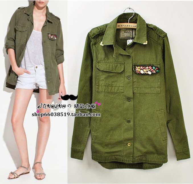 free shipping Zar Army Green turn-down collar diamond decoration epaulette paragraph military clothes outerwear jacket