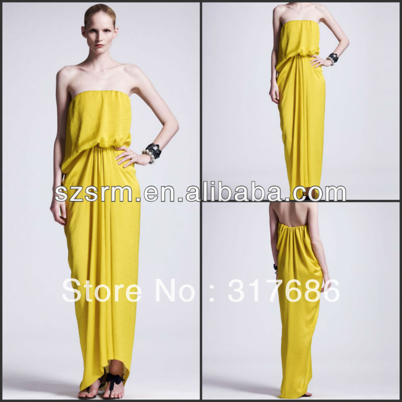 Free Shipping!ZED-207 Top Charming Simple Style Strapless Ruched Pleated Floor length Yellow Evening Dress