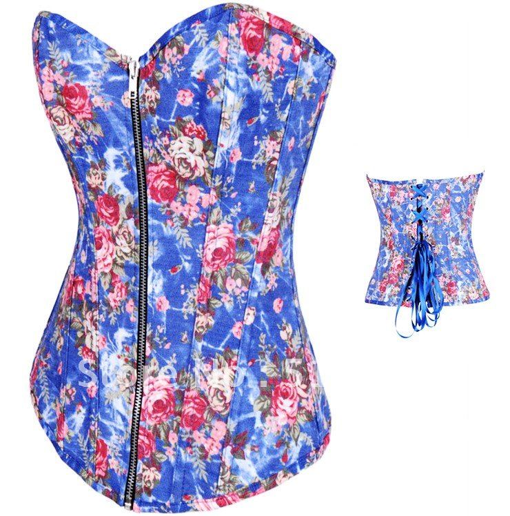 Free Shipping ,zipper Blue Floral Denim Zipper Corset,18088