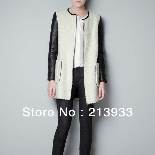 Free shipping zipper casual classic fashion PU leather sleeves O-neck  white color women jacket