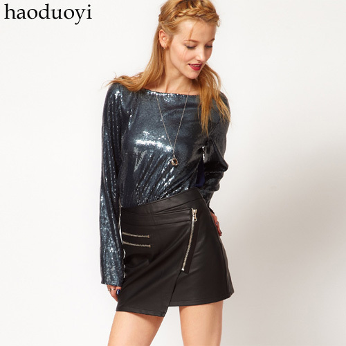 Free Shipping Zipper decoration black leather motorcycle leather skirt oblique zipper decoration irregular leather skirt 6 full