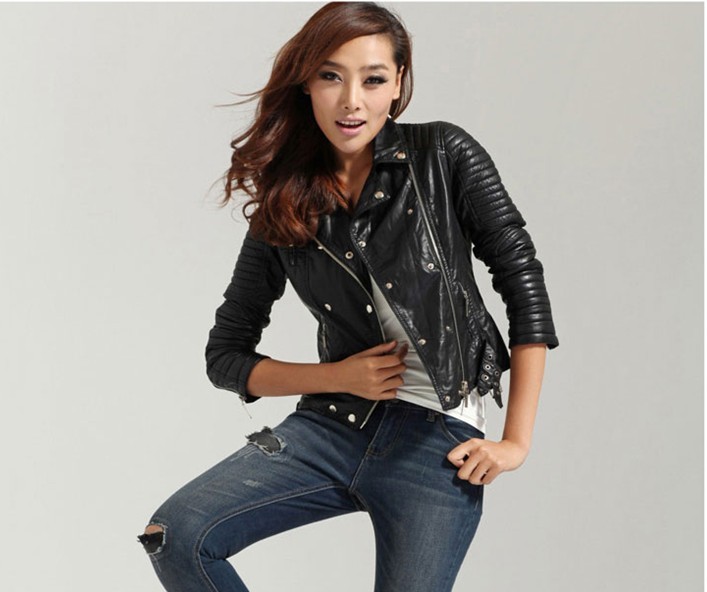 free shipping  zipper double breasted short design motorcycle PU leather jacket women's small leathe notu1084r