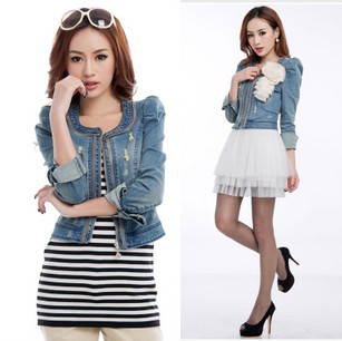 Free Shipping Zipper Long Sleeve Vintage Denim Jacket Chain Ornament Short Cowboy Jean Coat