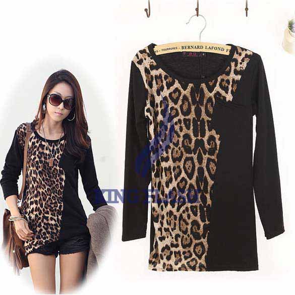 free shipping2013 Fashion Cotton Women's Black + Leopard Round Collar Long Sleeve Silm Bottoming shirt  T-Shirt Tops 2Sizes9495