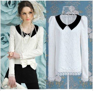 Free shipping2013 Fashion Lace  shirts for women,Long Sleeve lace blouse for Ladies color white