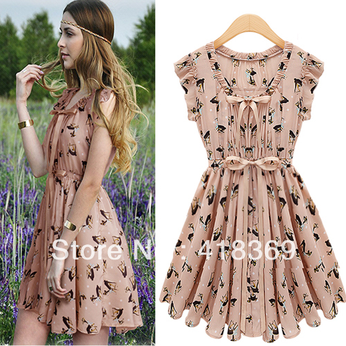 free shipping2013 fashion star style elk pattern chiffon dresss lim waist one-piece dress female