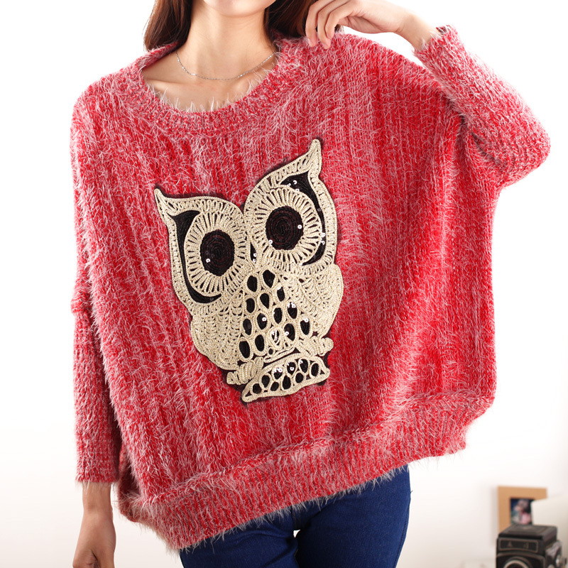 Free shipping2013 New Owl loose plus size shirt batwing sleeve o-neck knitted sweater  red/beige/khaki free size